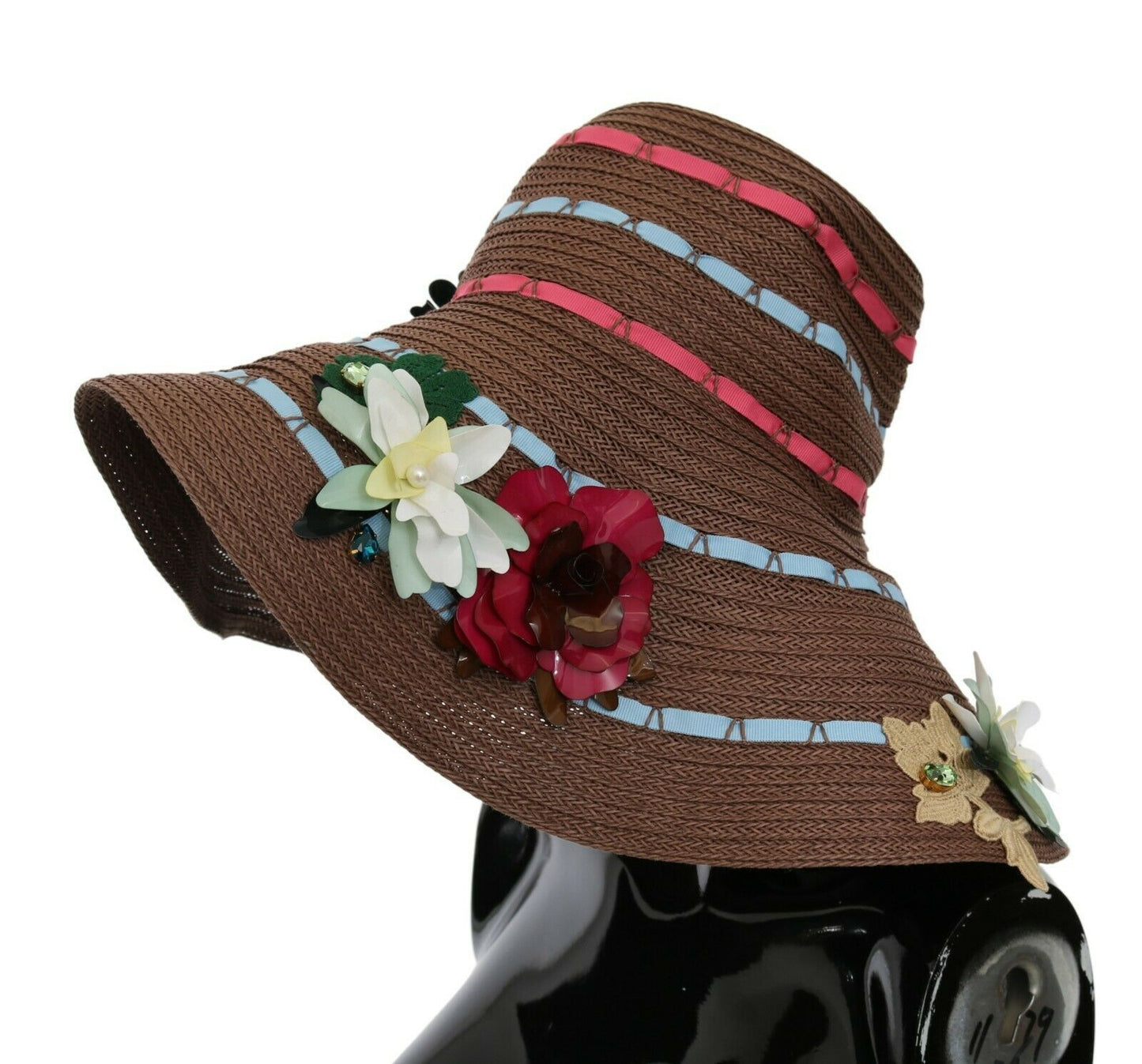 Chapeau floral en paille tricoté marron Dolce &amp; Gabbana