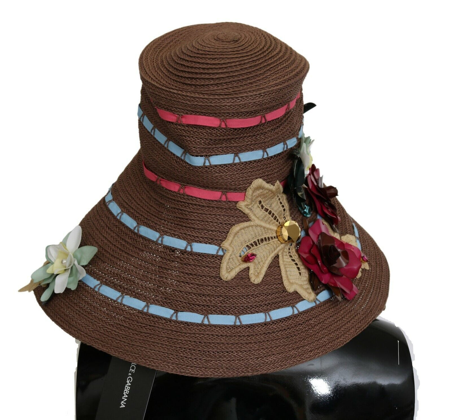 Chapeau floral en paille tricoté marron Dolce &amp; Gabbana