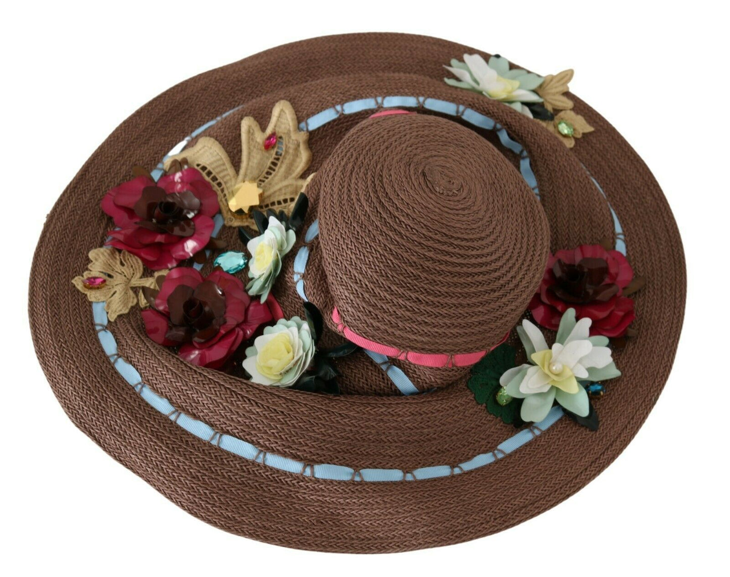 Chapeau floral en paille tricoté marron Dolce &amp; Gabbana