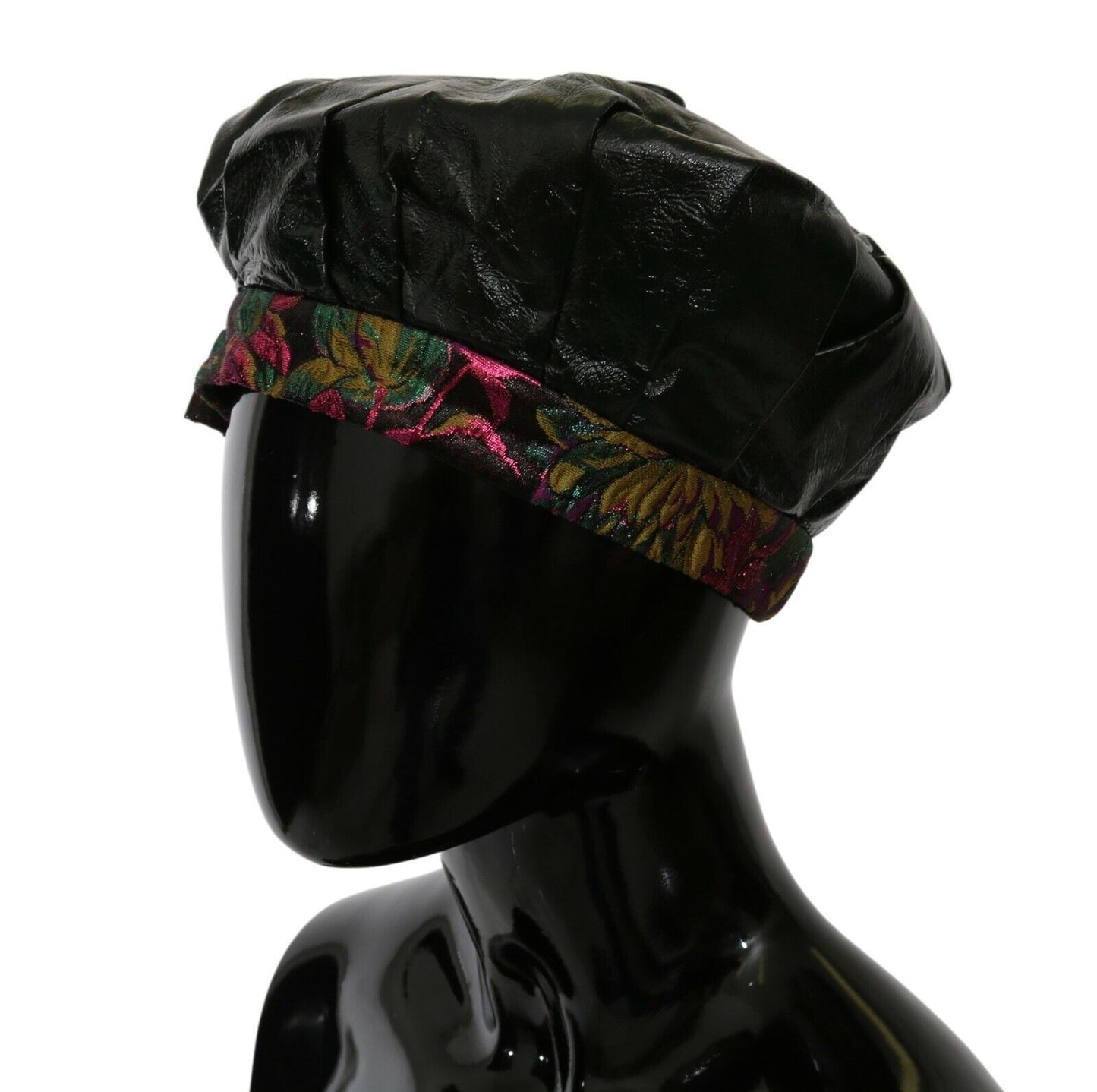 Chapeau béret à imprimé floral en cuir d'agneau noir Dolce &amp; Gabbana