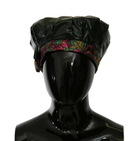 Chapeau béret à imprimé floral en cuir d'agneau noir Dolce &amp; Gabbana