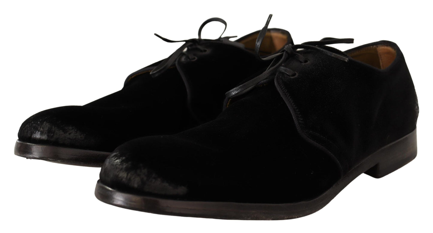 Dolce &amp; Gabbana Chaussures Derby en Velours Noir à Lacets Style Vieilli