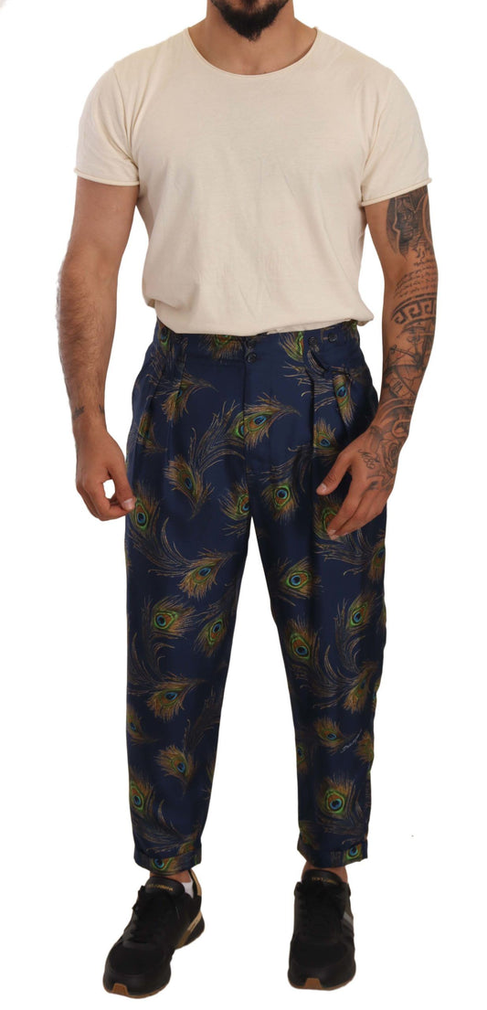 Dolce &amp; Gabbana Pantalon fuselé bleu imprimé paon Pantalon en soie