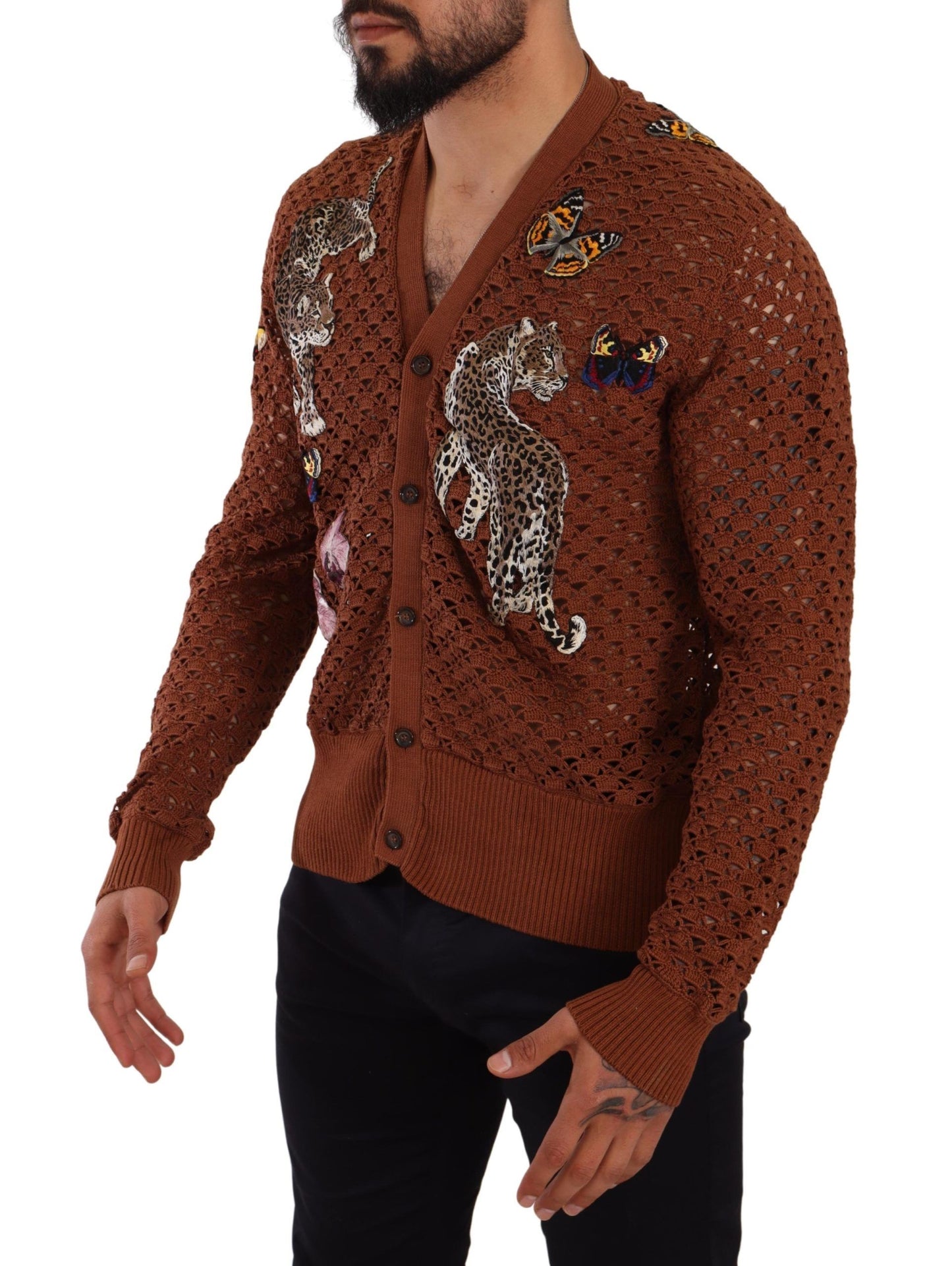 Dolce &amp; Gabbana Brauner Cardigan-Pullover mit Leopardenmuster und Schmetterlingen