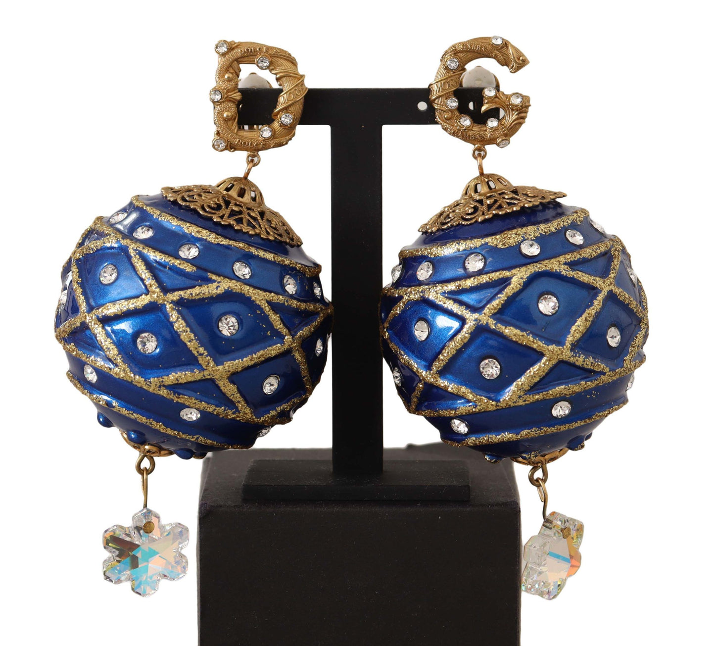 Dolce &amp; Gabbana Boucles d'oreilles à clip avec boule de Noël bleue en laiton doré et cristal