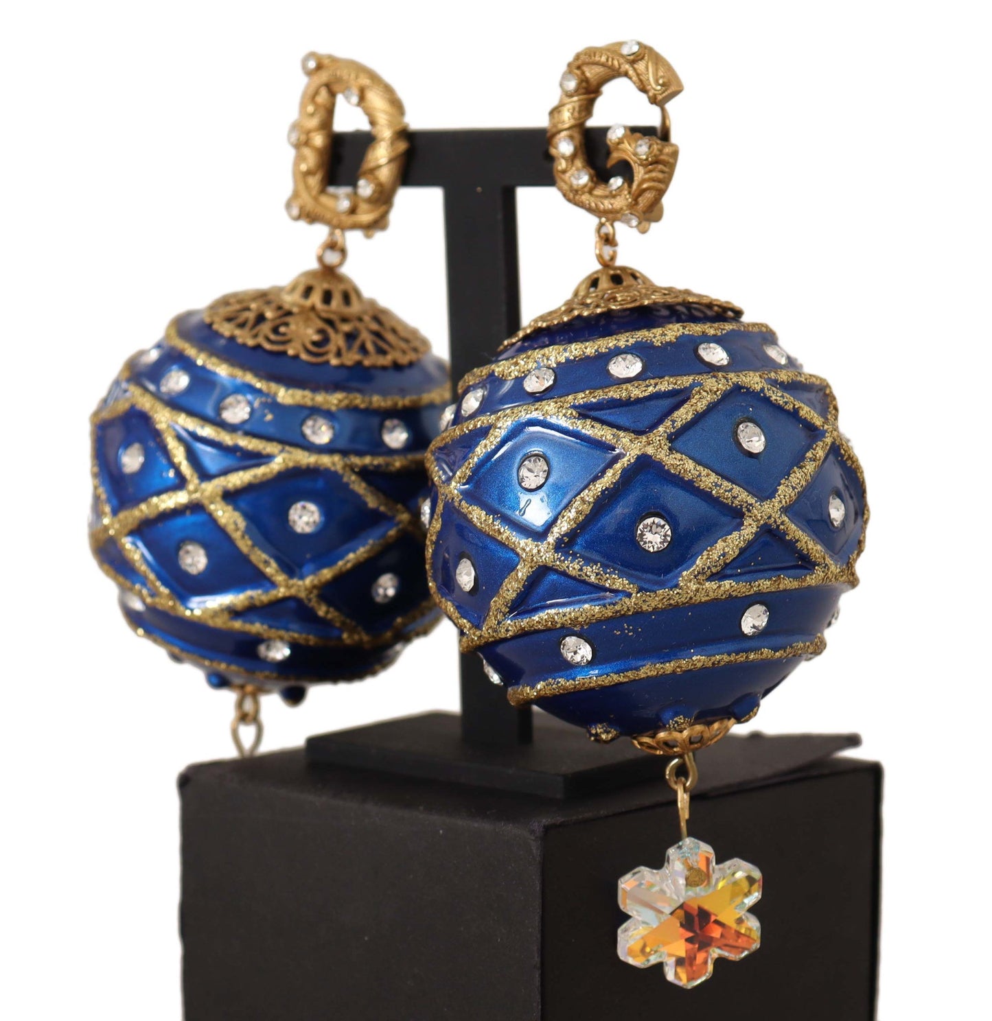 Dolce &amp; Gabbana Gold Messing blaue Weihnachtskugel-Kristall-Clip-Ohrringe