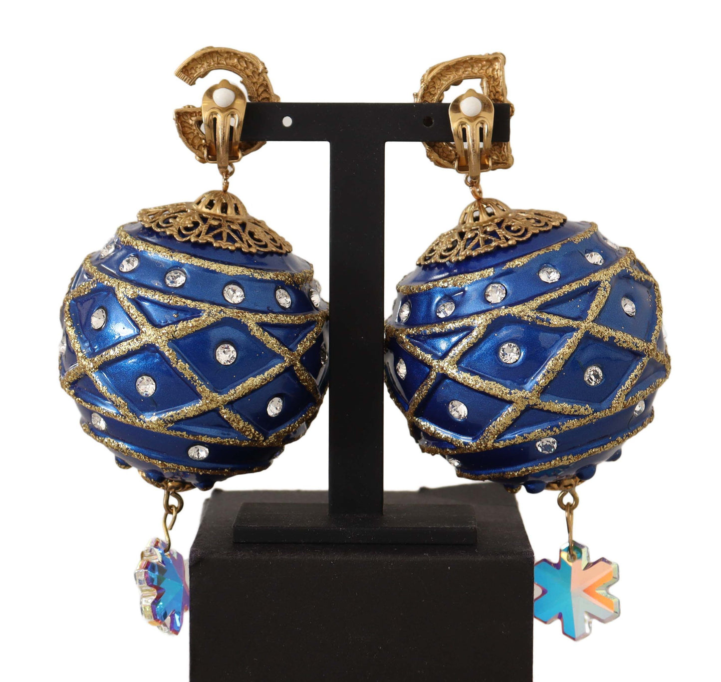 Dolce &amp; Gabbana Boucles d'oreilles à clip avec boule de Noël bleue en laiton doré et cristal