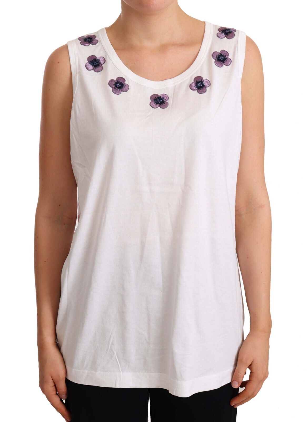 Dolce &amp; Gabbana Weißes Tank-T-Shirt aus Baumwolle mit Blumenstickerei