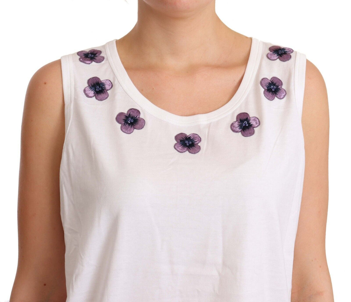 Dolce &amp; Gabbana Weißes Tank-T-Shirt aus Baumwolle mit Blumenstickerei