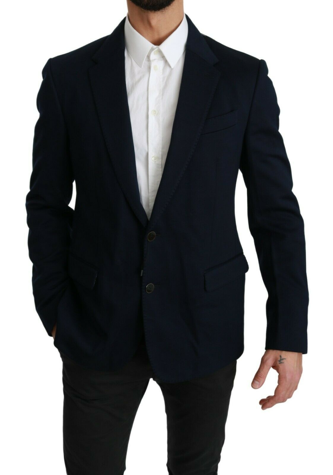 Dolce &amp; Gabbana Blazer bleu uni en soie et coton stretch