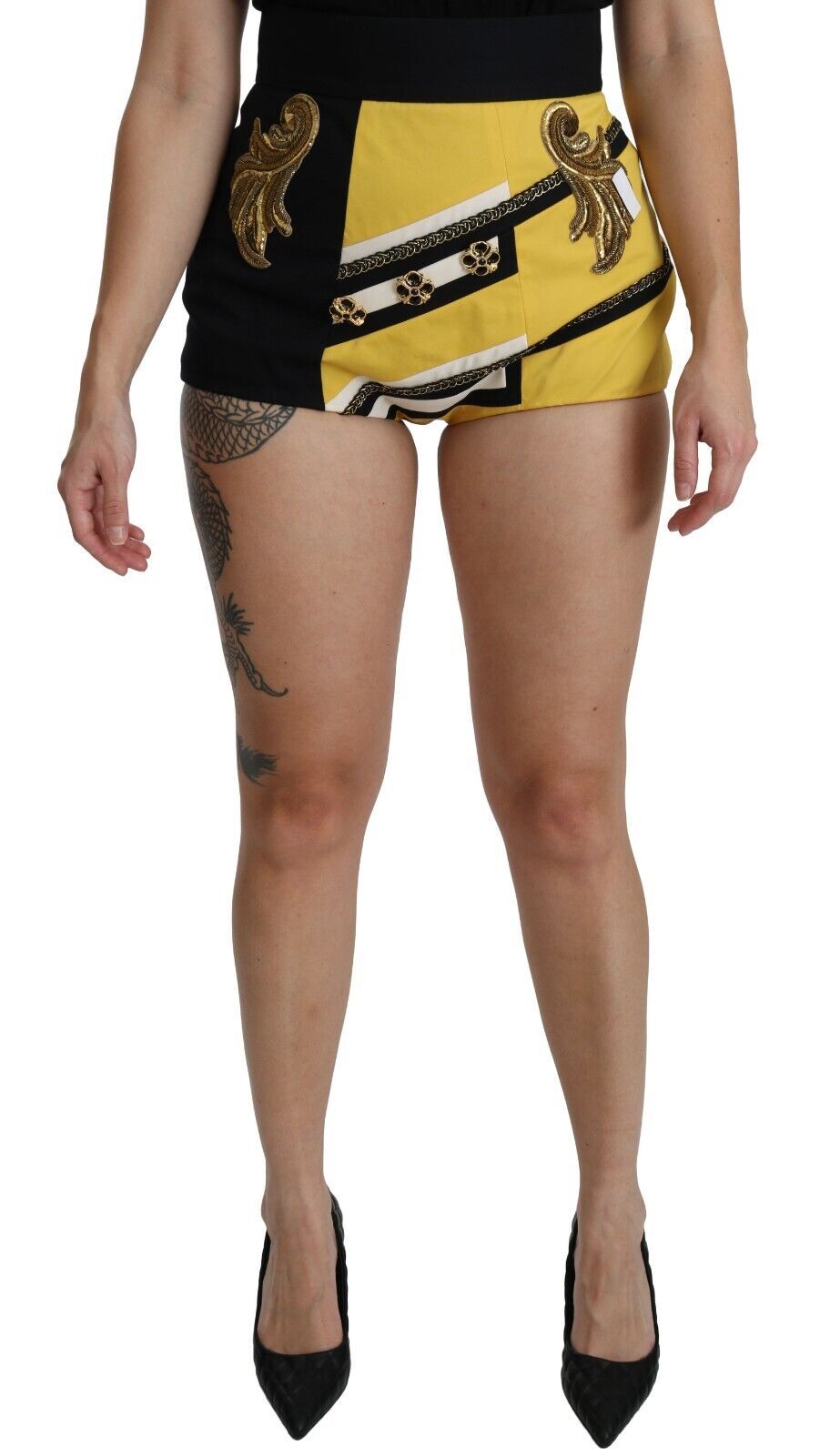 Dolce &amp; Gabbana Short Hot Pants en coton noir jaune avec bijoux