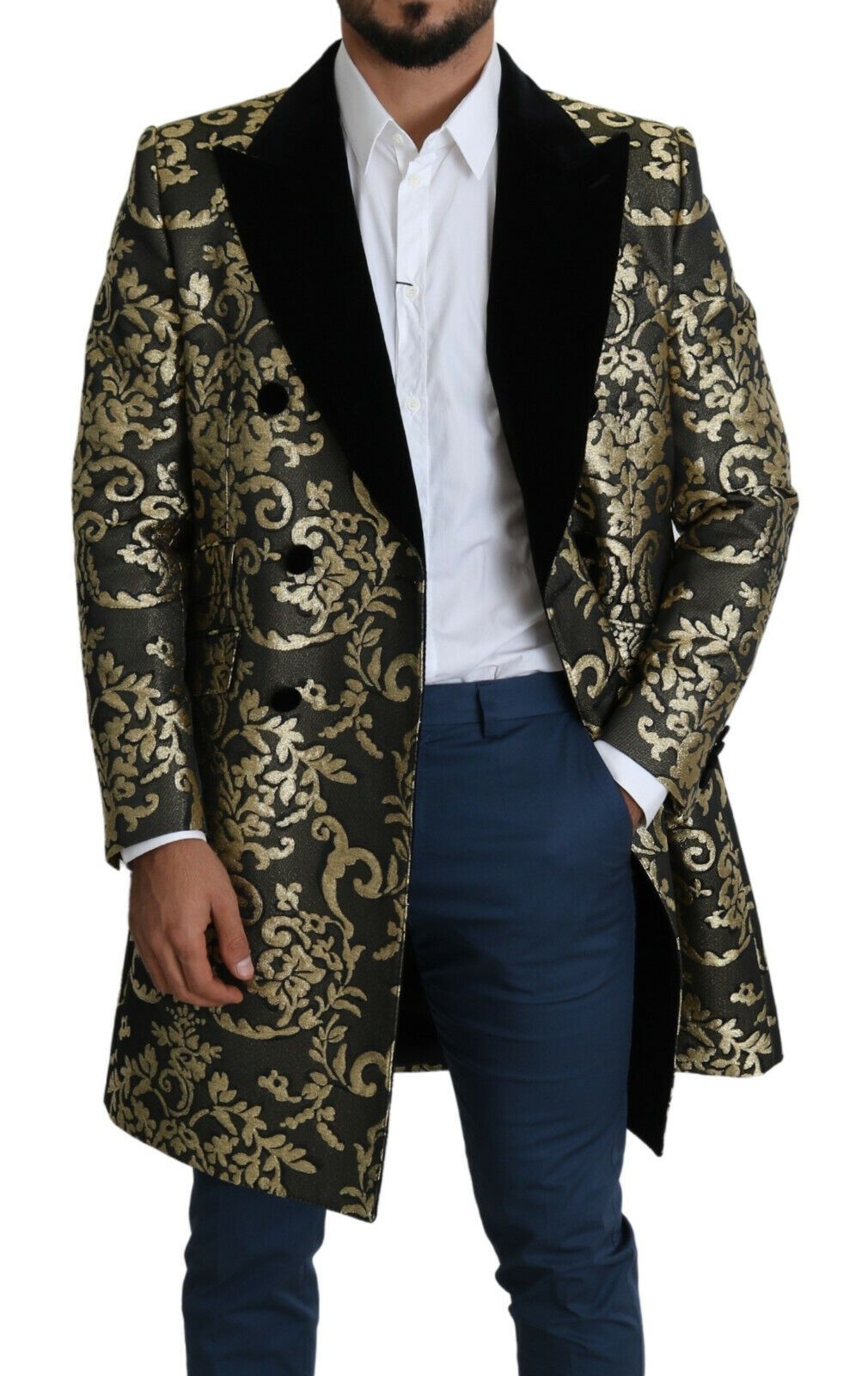 Dolce &amp; Gabbana Schwarz-Gold-Jacquard-Langmantel SICILIA-Jacke