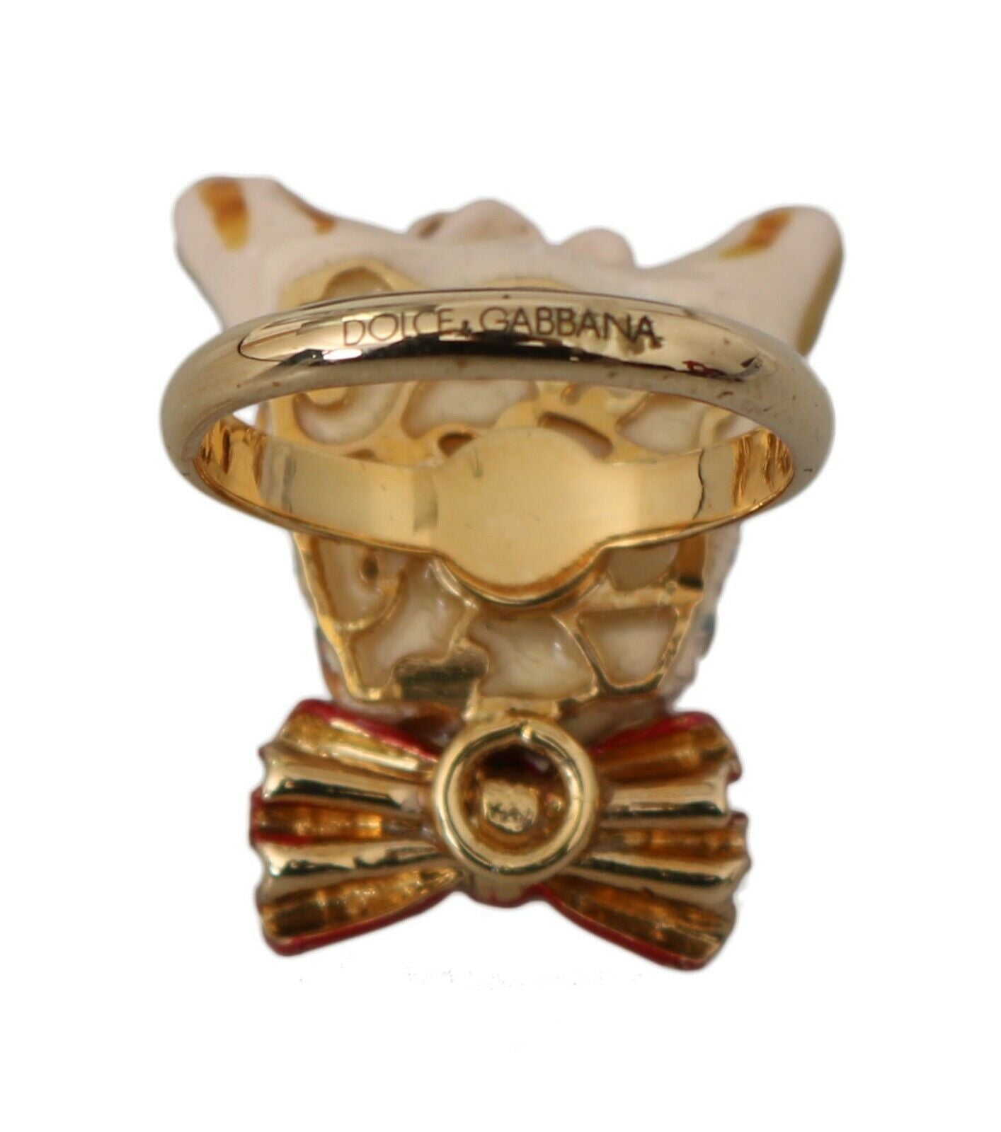 Dolce &amp; Gabbana Beige Dog Pet Branded Accessoire Bague en résine de laiton doré