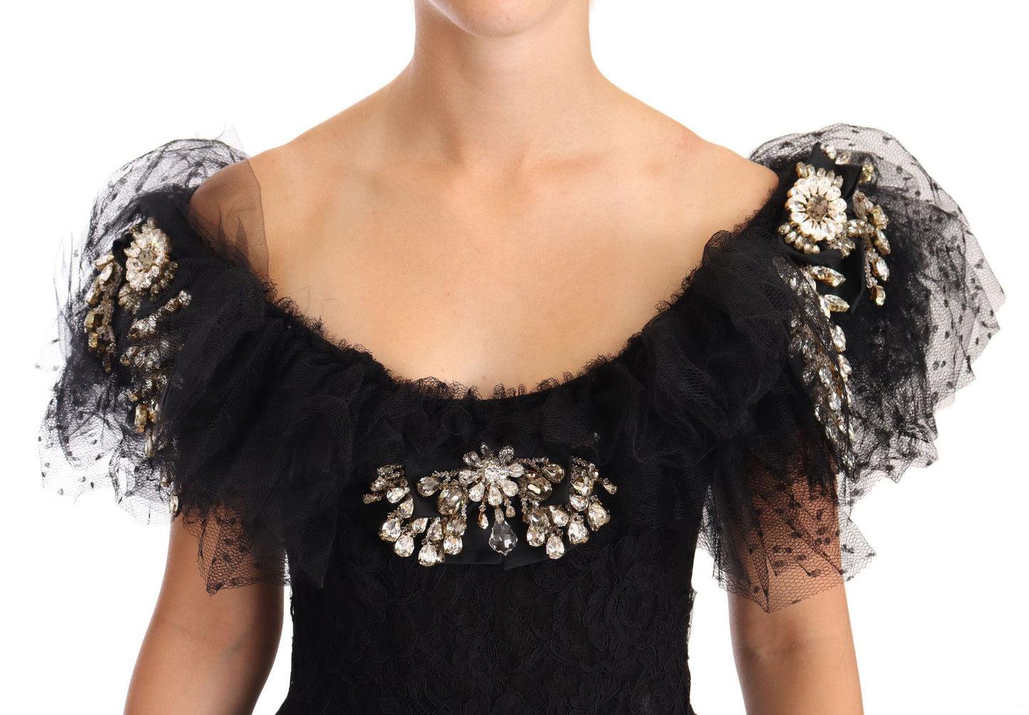 Dolce &amp; Gabbana Robe de bal noire en dentelle florale et cristal