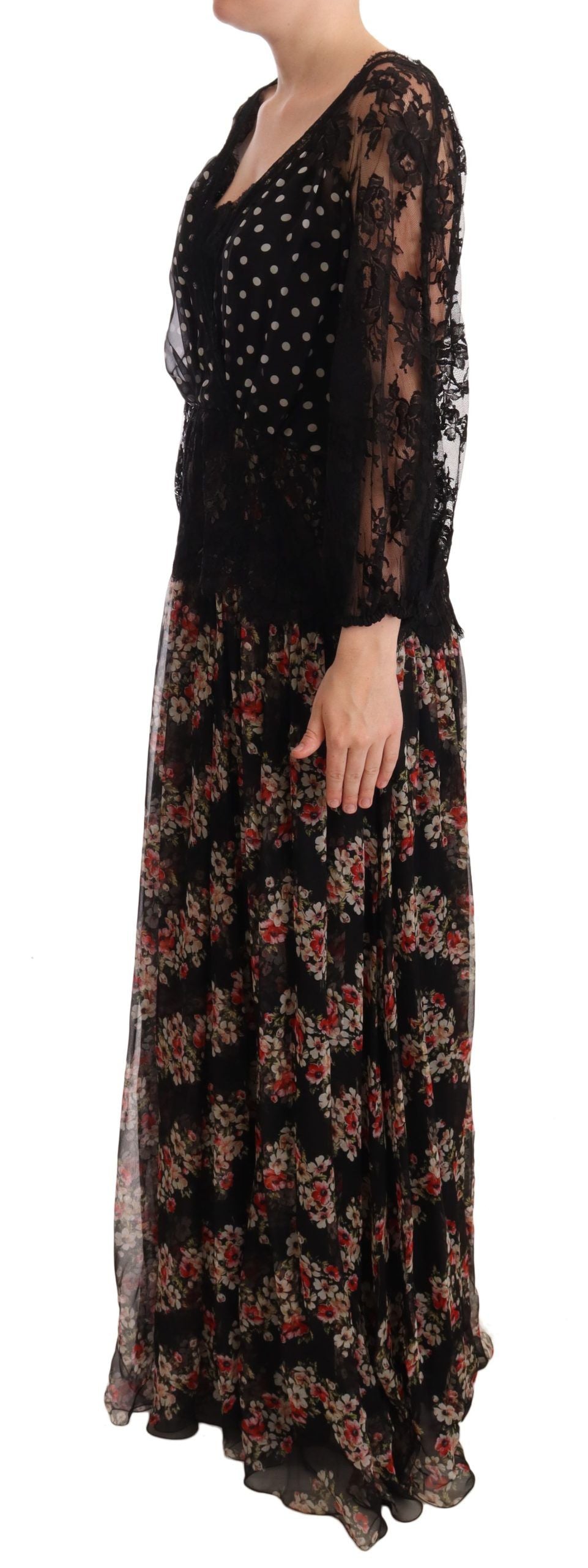 Dolce &amp; Gabbana Maxi-Capri-Kleid mit schwarzem Spitzen-Blumenpolkamuster