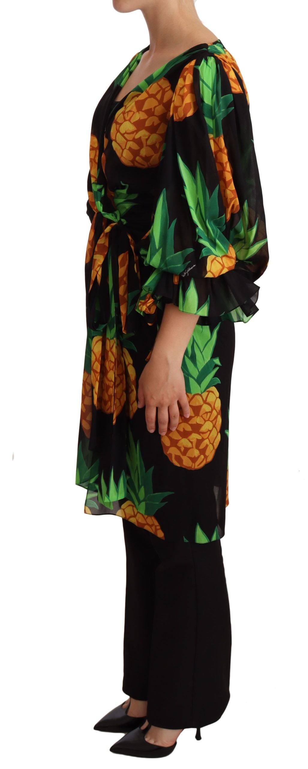 Dolce &amp; Gabbana Schwarzes Wickelkleid aus Stretch-Seide mit Ananas-Print