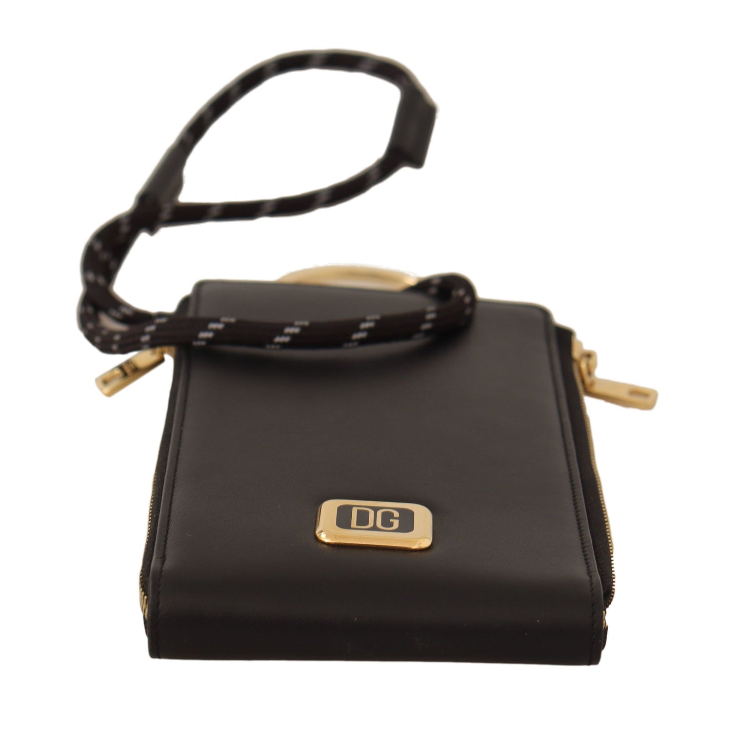 Dolce &amp; Gabbana Portefeuille en cuir noir avec plaque avec logo et sangle de cou pour cartes et pièces de monnaie