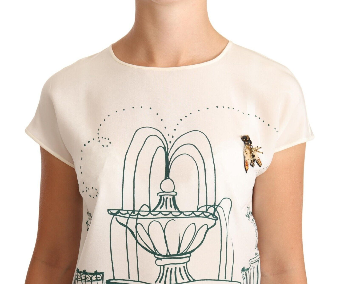 Dolce &amp; Gabbana T-Shirt-Bluse aus weißer Seide mit Gartenbrunnen