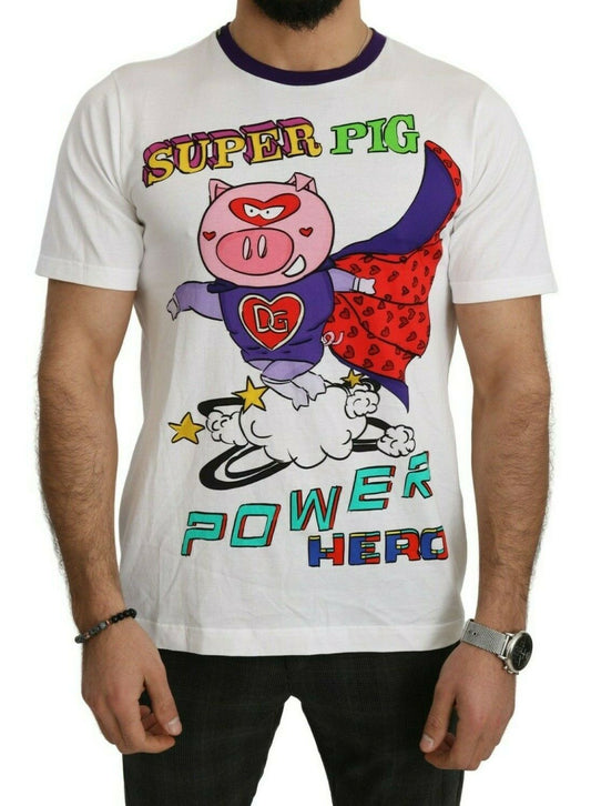 Dolce &amp; Gabbana Weißes Baumwoll-Top „Super Power Pig“-T-Shirt