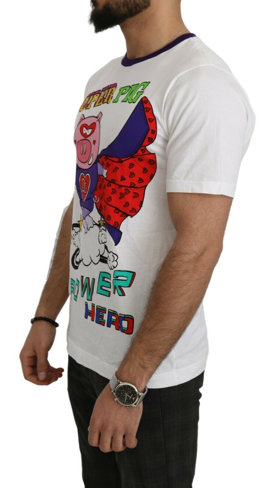 Dolce &amp; Gabbana Weißes Baumwoll-Top „Super Power Pig“-T-Shirt