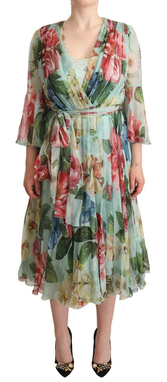 Dolce &amp; Gabbana Robe midi florale verte à manches longues et col en V