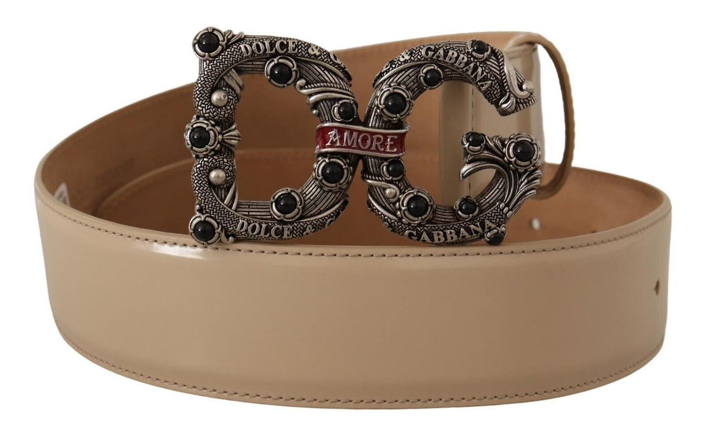 Dolce &amp; Gabbana Ceinture Amore en cuir beige avec boucle avec logo argenté