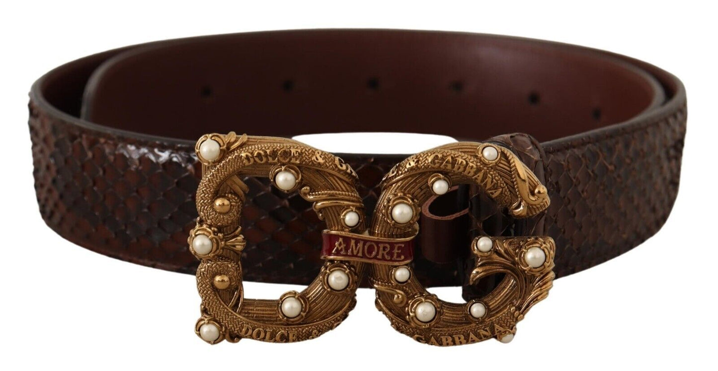 Dolce &amp; Gabbana Ceinture Amore en cuir exotique marron à boucle avec logo