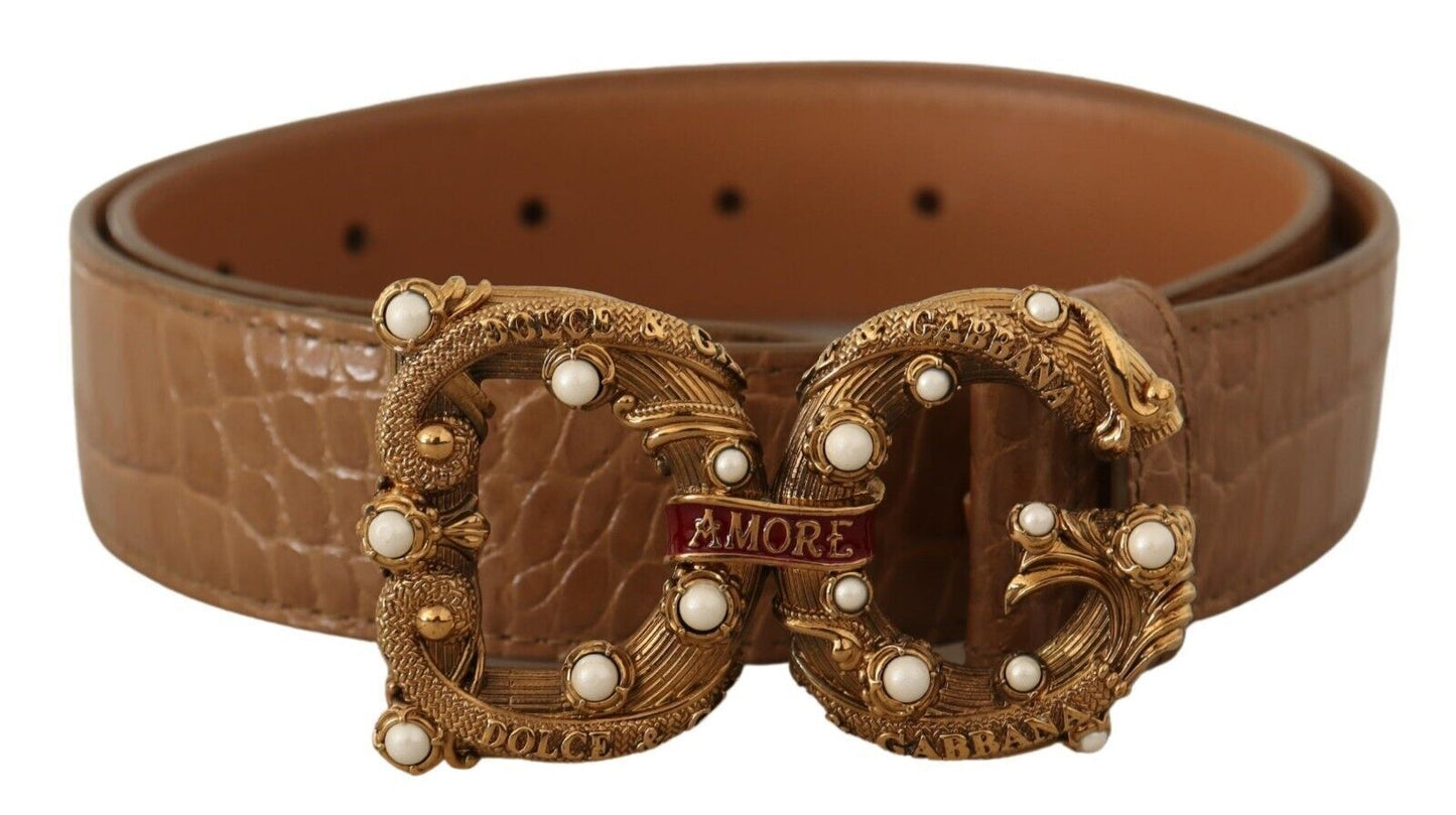 Dolce &amp; Gabbana Ceinture Amore en cuir à motif crocodile marron avec logo