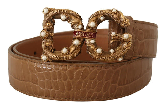 Dolce &amp; Gabbana Ceinture Amore en cuir à motif crocodile marron avec logo