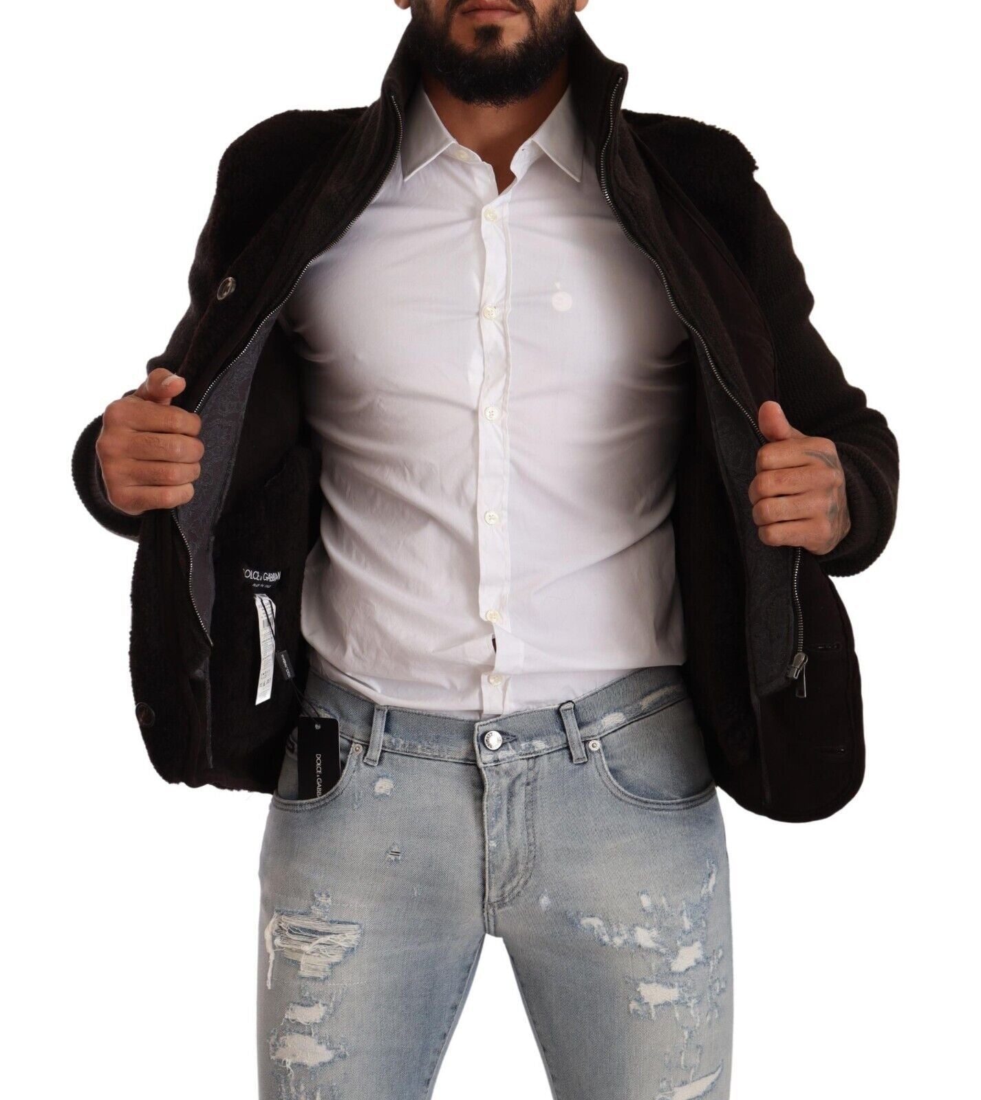 Dolce &amp; Gabbana Herren-Manteljacke aus schwarzem Leder mit Rollkragen