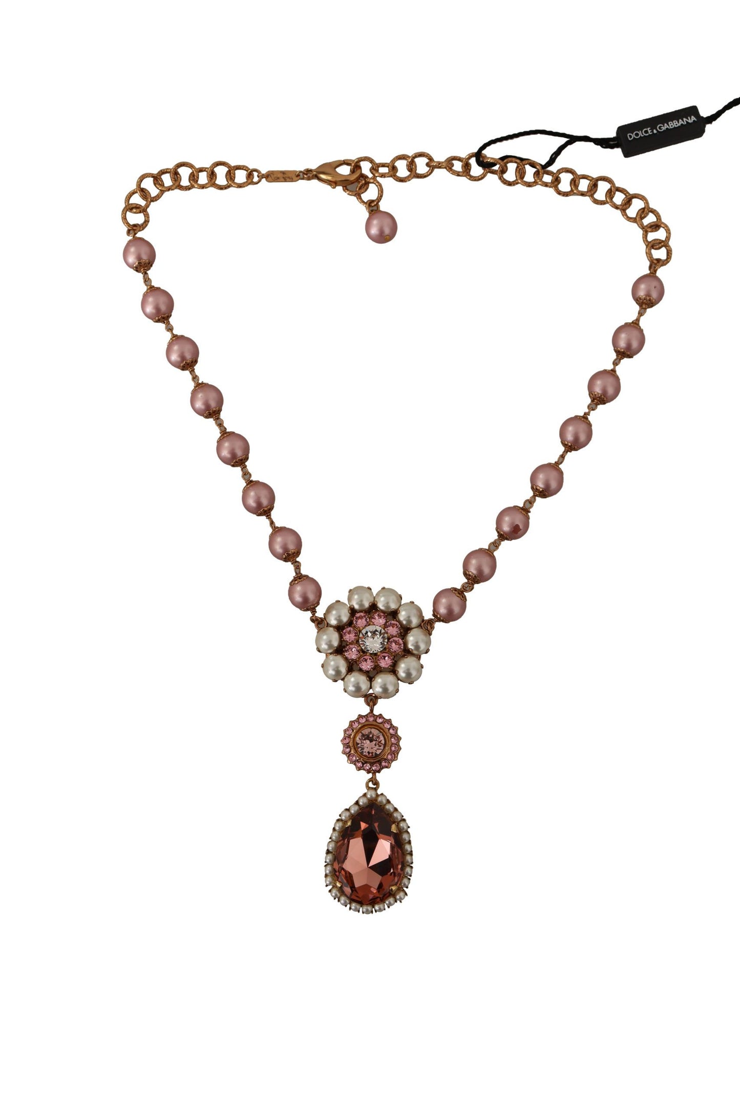 Dolce &amp; Gabbana Collier à pendentif en cristal de perles roses en laiton doré