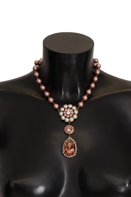 Dolce &amp; Gabbana Collier à pendentif en cristal de perles roses en laiton doré