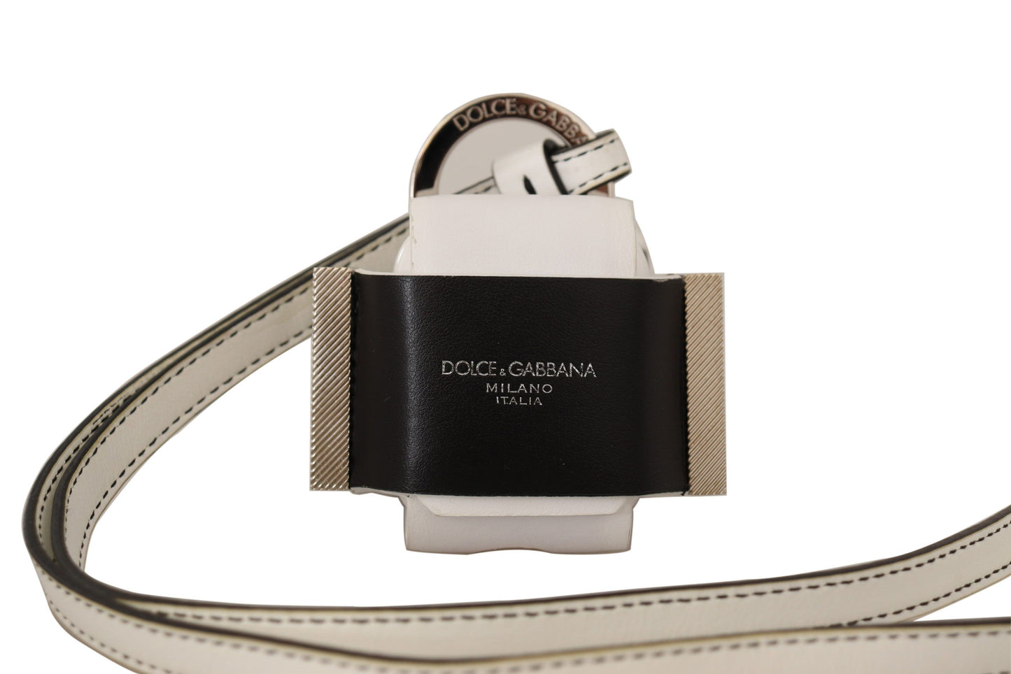 Étui Airpods avec bracelet en cuir noir et blanc Dolce &amp; Gabbana avec logo en métal argenté