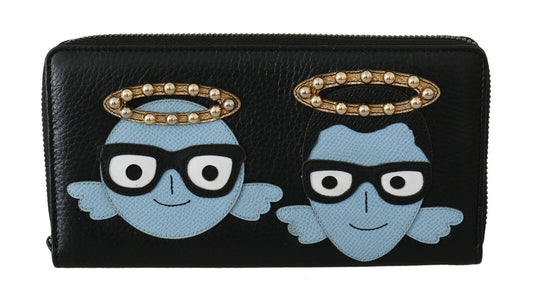 Dolce &amp; Gabbana Portefeuille continental à fermeture éclair #DGFAMILY en cuir bleu noir