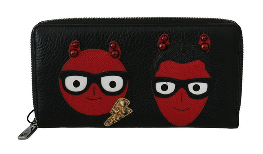 Dolce &amp; Gabbana Portefeuille continental à fermeture éclair en cuir rouge noir #DGFAMILY