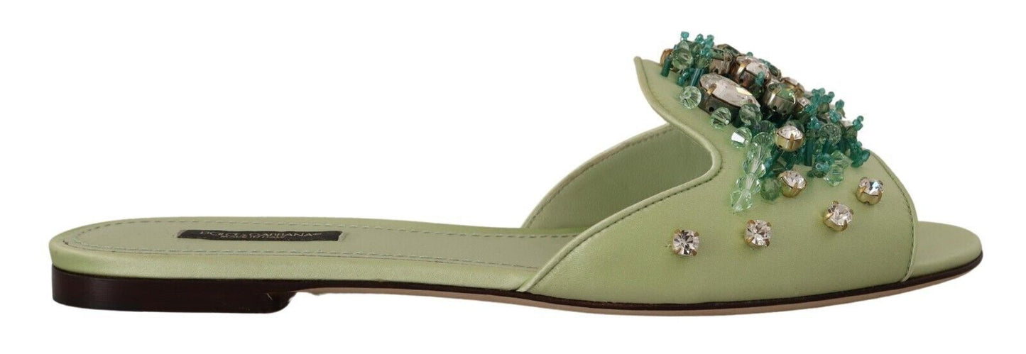 Dolce &amp; Gabbana Claquettes en cuir vert avec cristaux pour femme Chaussures plates