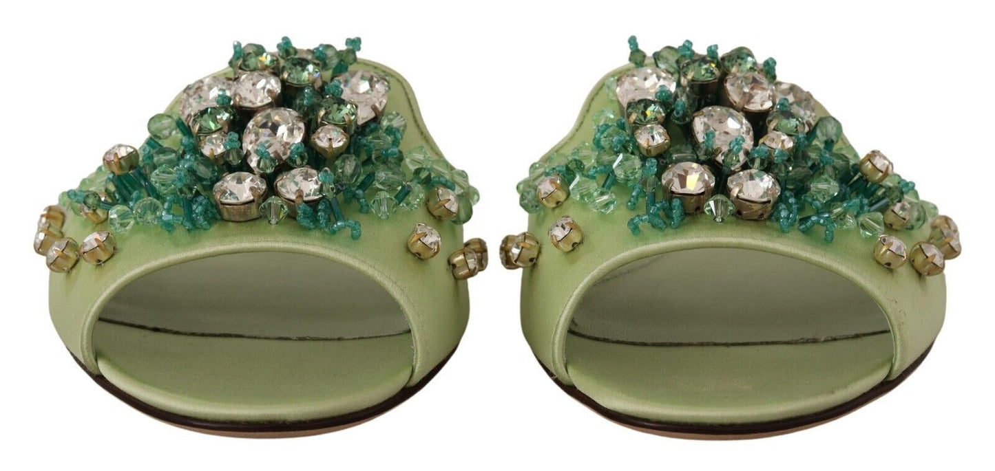 Dolce &amp; Gabbana Claquettes en cuir vert avec cristaux pour femme Chaussures plates