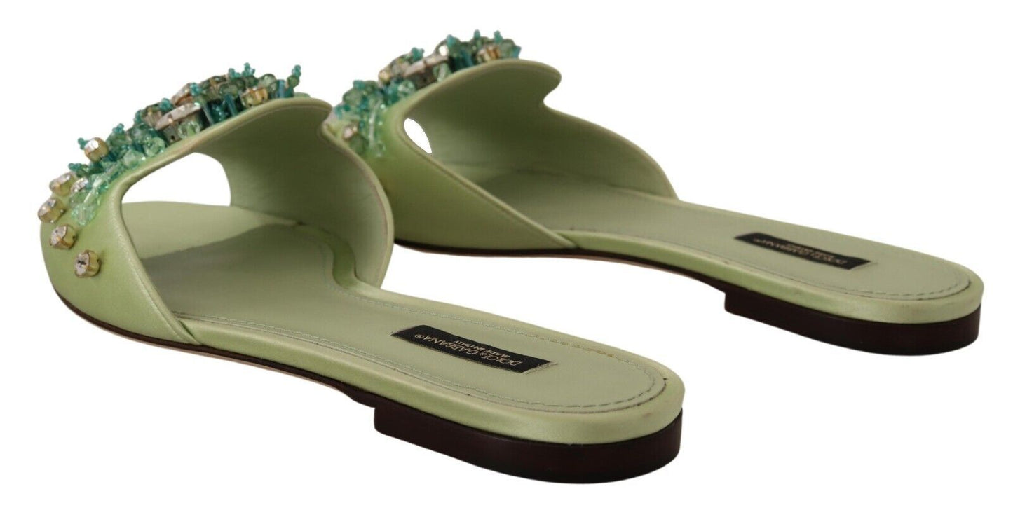 Dolce &amp; Gabbana Claquettes en cuir vert avec cristaux pour femme Chaussures plates