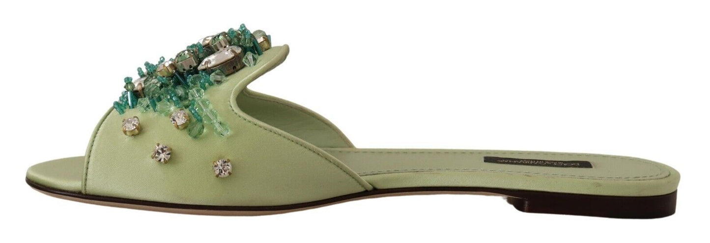 Dolce &amp; Gabbana Claquettes en cuir vert avec cristaux pour femme Chaussures plates