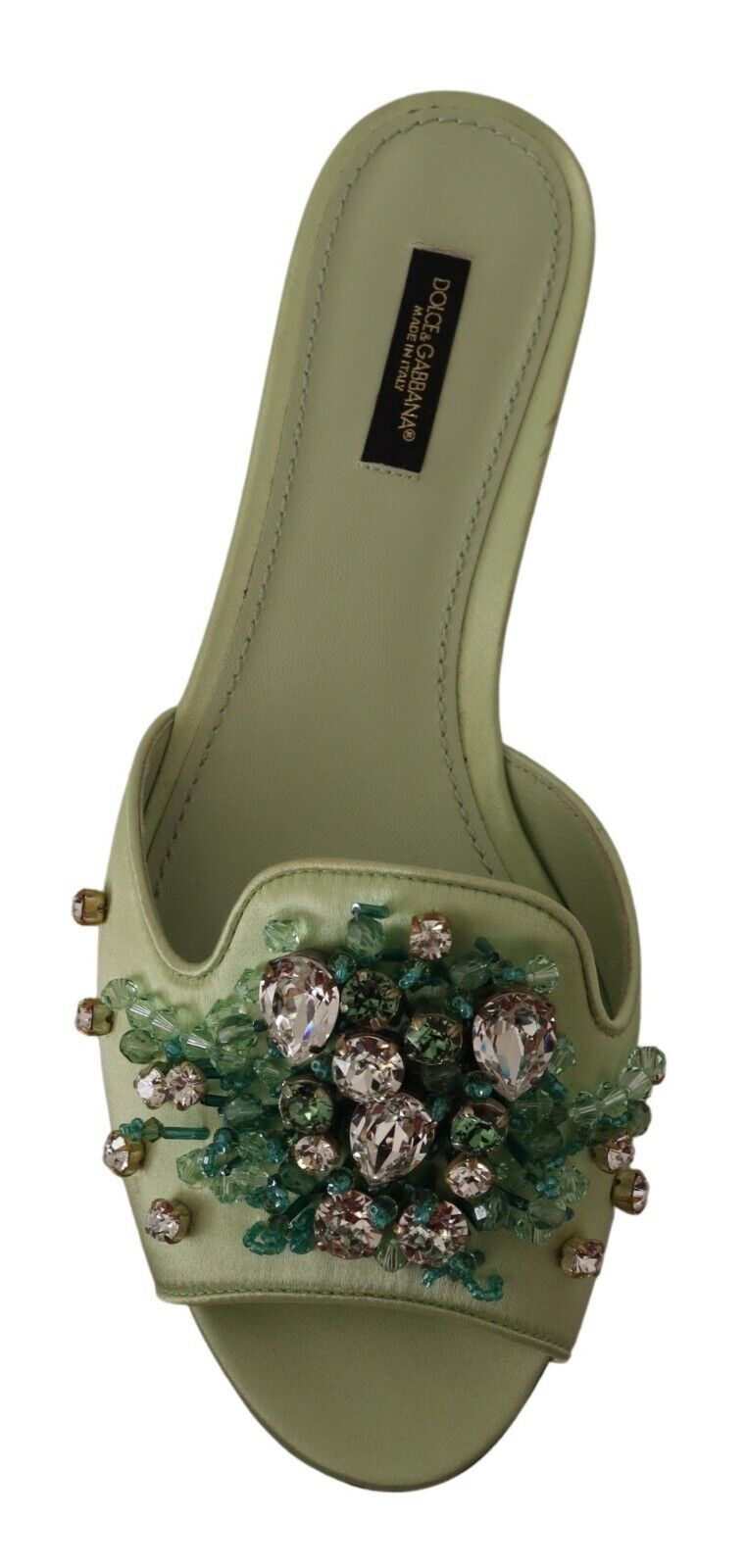 Dolce &amp; Gabbana Claquettes en cuir vert avec cristaux pour femme Chaussures plates