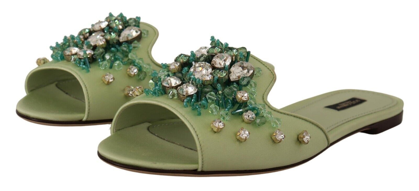 Dolce &amp; Gabbana Claquettes en cuir vert avec cristaux pour femme Chaussures plates