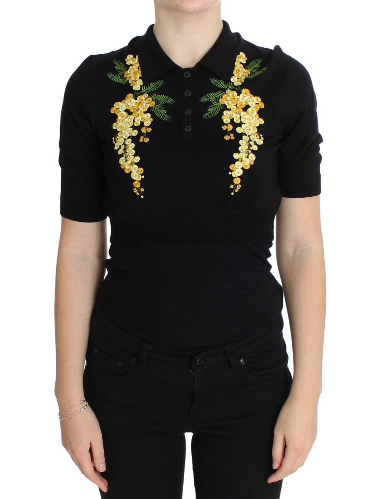 Dolce &amp; Gabbana Haut polo brodé à fleurs en soie noire