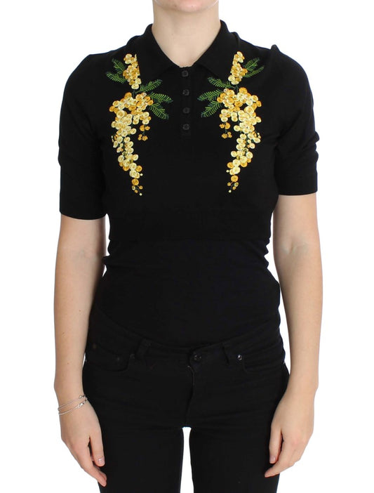 Dolce &amp; Gabbana Haut polo brodé à fleurs en soie noire