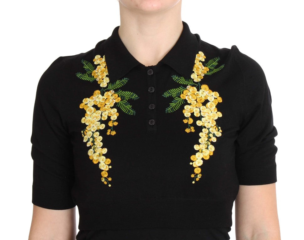 Dolce &amp; Gabbana Haut polo brodé à fleurs en soie noire