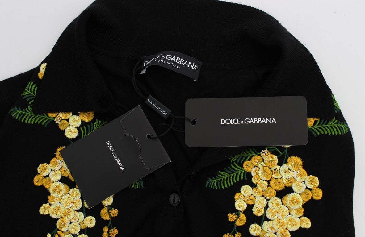 Dolce &amp; Gabbana Haut polo brodé à fleurs en soie noire