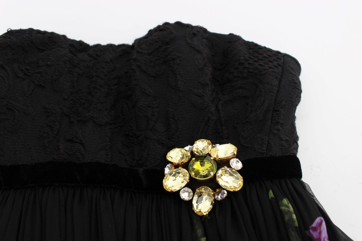 Dolce &amp; Gabbana Robe noire à broche en soie et cristal à imprimé clé