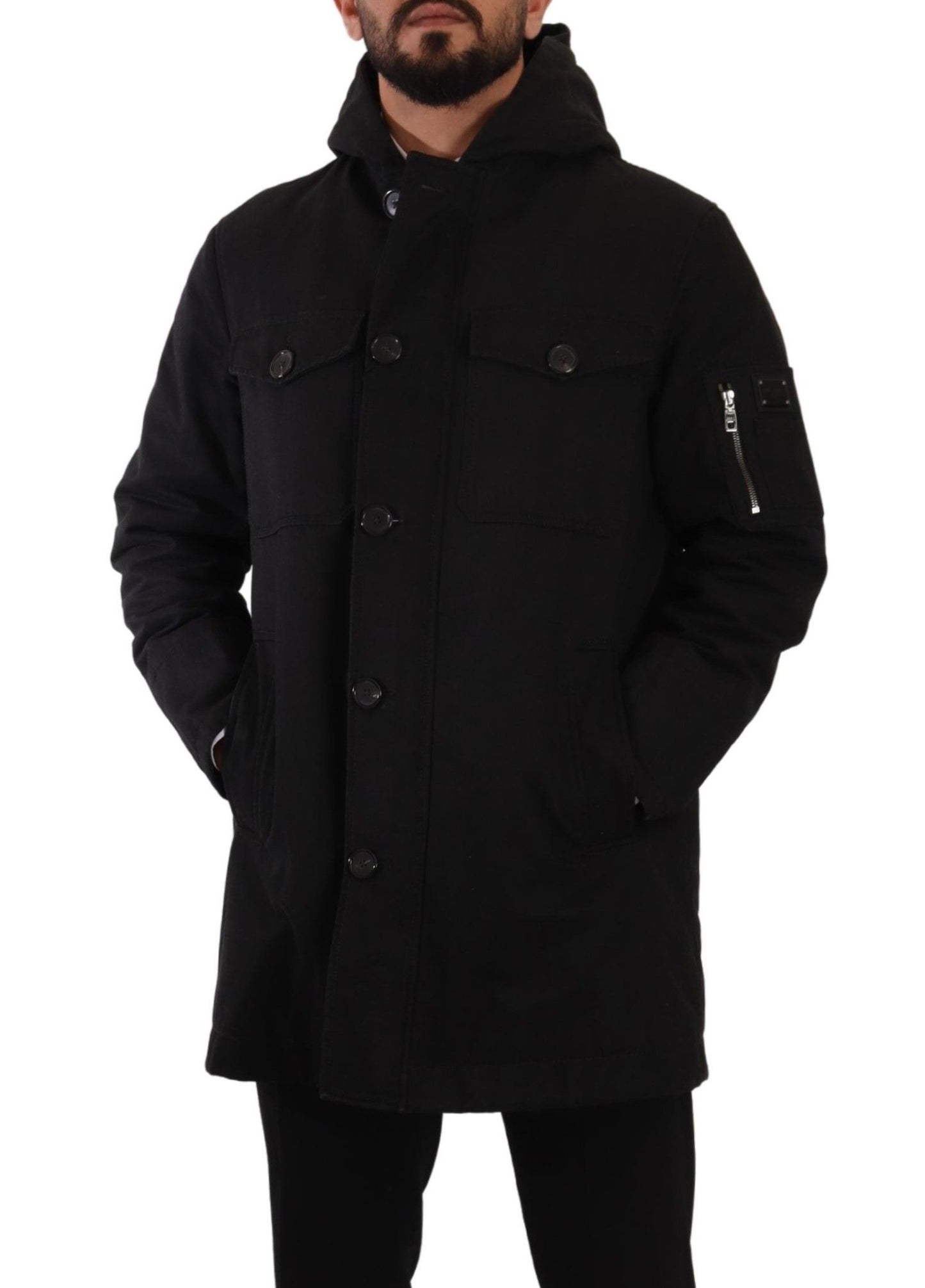 Dolce &amp; Gabbana Schwarzer Jeans-Parka-Mantel mit Kapuze, Winterjacke