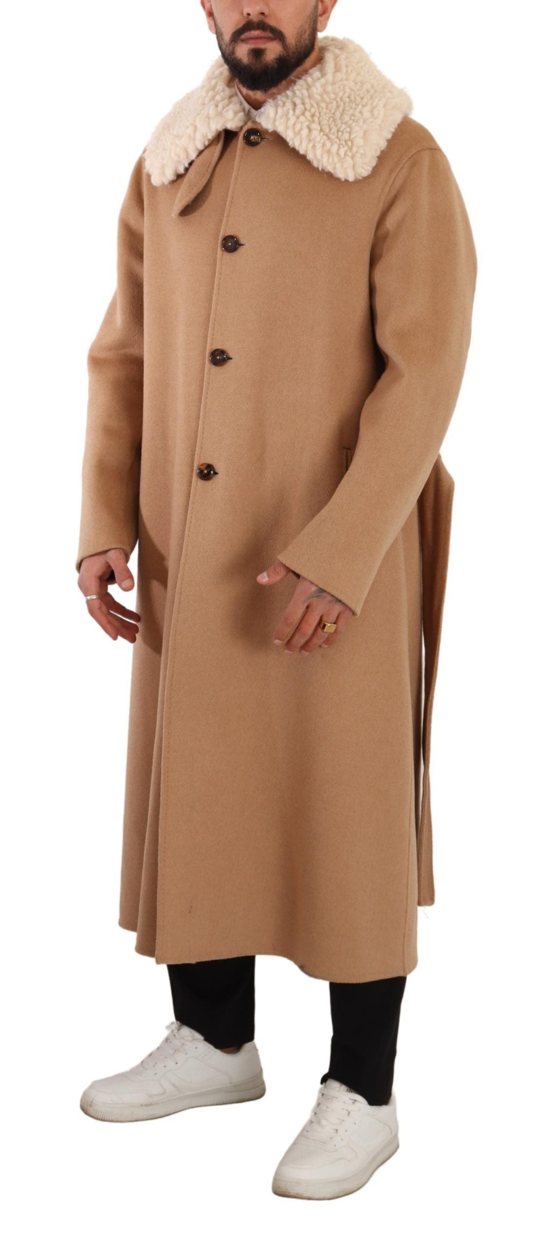 Dolce & Gabbana Opulent Beige Shearling-Collar Overcoat