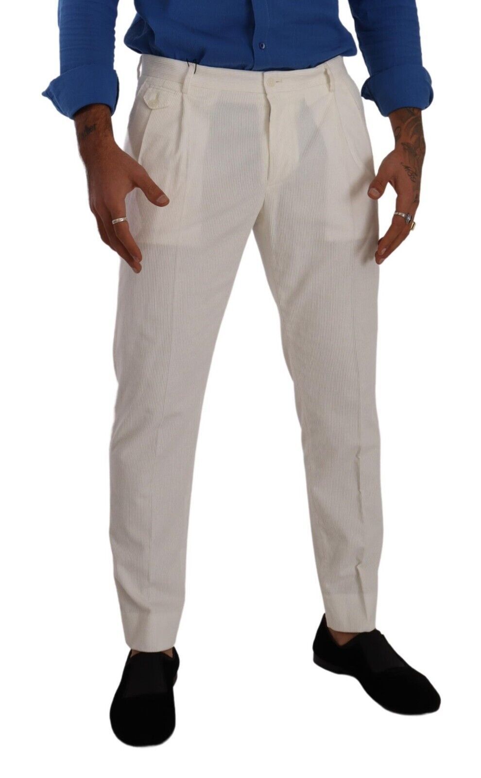 Dolce &amp; Gabbana Pantalon fuselé en coton velours côtelé blanc pour hommes