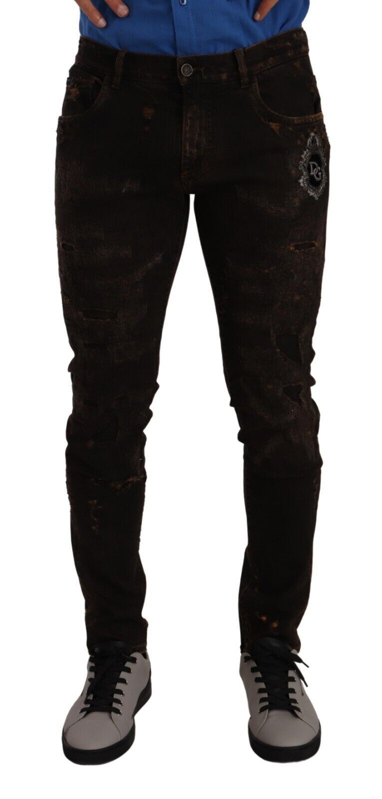 Dolce &amp; Gabbana Jean skinny en denim marron avec logo DG Crown